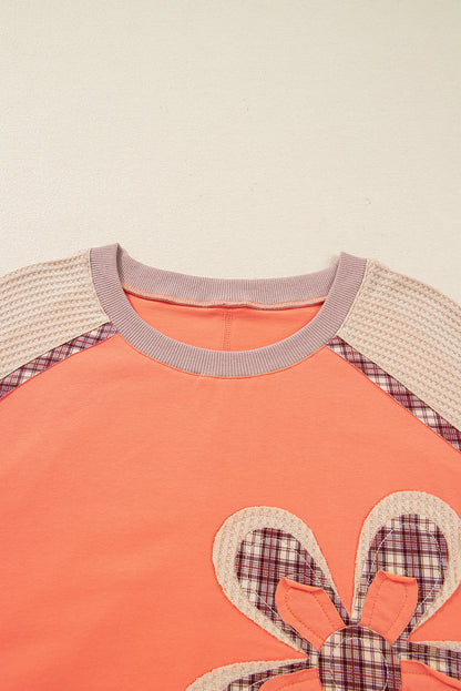 Plus Size Plaid Flower Patchwork 3/4 Sleeve Top