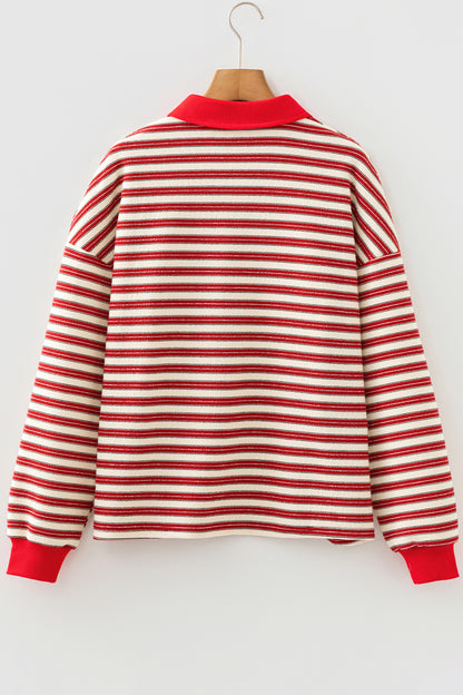 Stripe Contrast Zip Collared V-Neck Long Sleeve Top