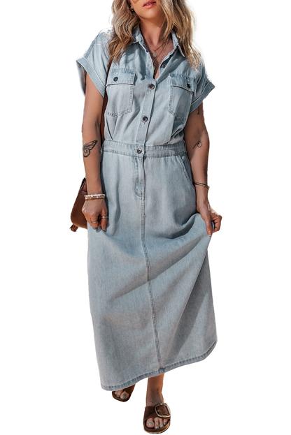 Denim Batwing Sleeve Buttoned Dress