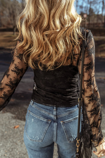 Lace Mesh Long Sleeve Blouse