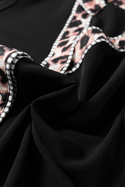 Leopard Trim Puff Sleeve Buttoned V-Neck Shirt