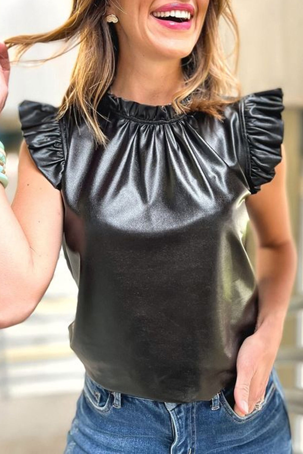 Leather Frilled Ruffle Trim Blouse