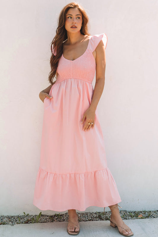 Solid V-Neck Flutter Sleeve Ruffle Maxi Dress