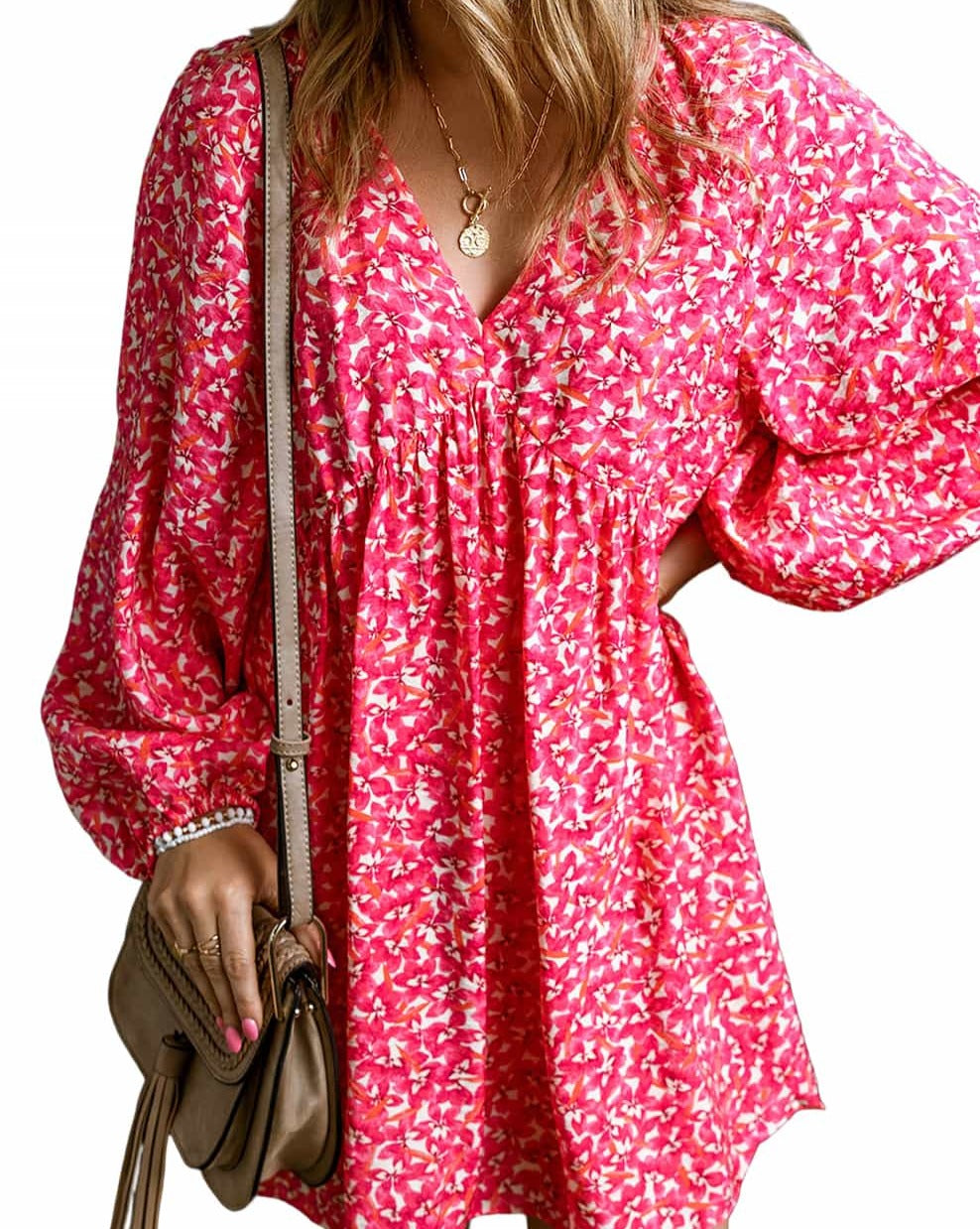 Floral Bubble Sleeve V-Neck Dress