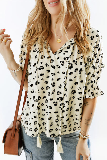 Leopard Frilled Puff Sleeve Blouse