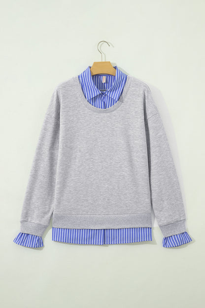 Stripe Patchwork Collared Long Sleeve Sweatshirt