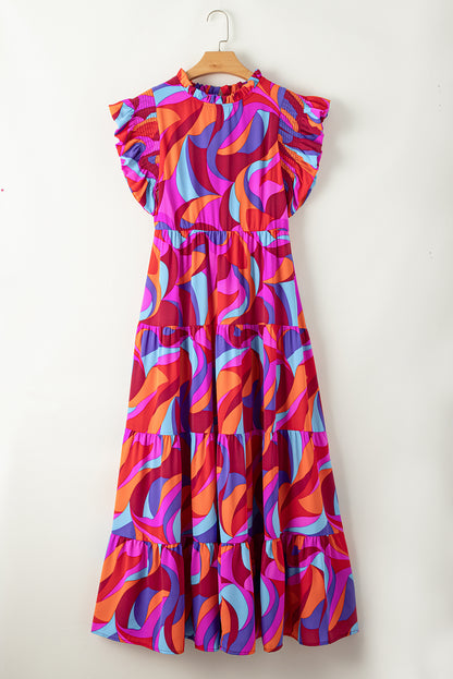 Abstract Ruffle Tiered Maxi Dress