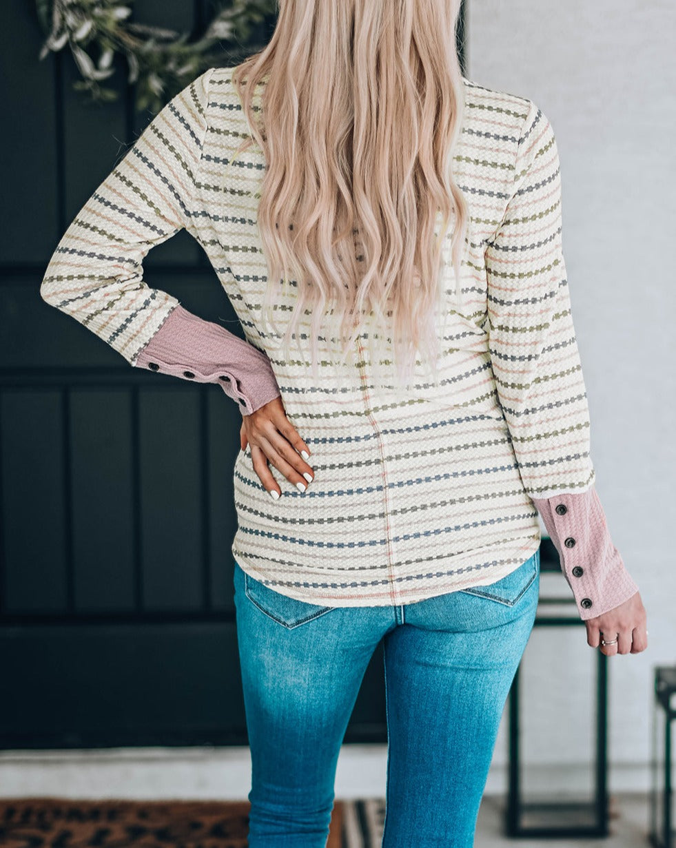 Stripe Waffle Buttoned Cuff Blouse