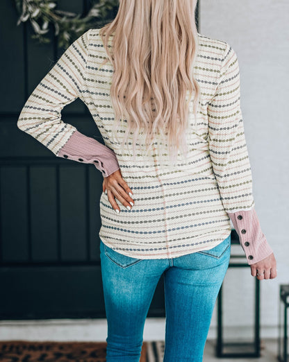 Stripe Waffle Buttoned Cuff Blouse