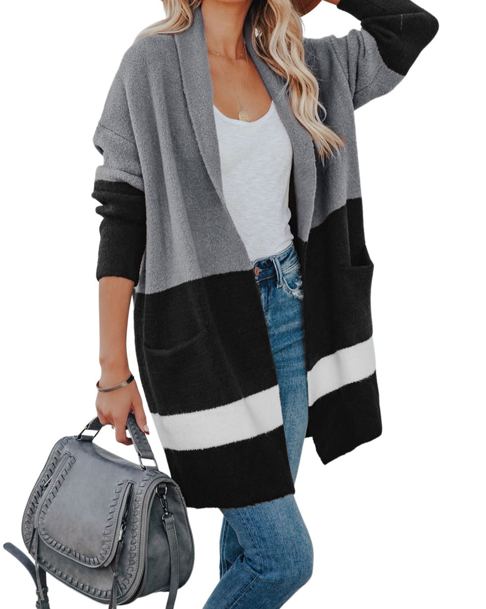 Colorblock Pocketed Open Front Cardigan