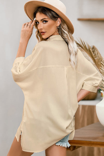 Solid 3/4 Puff Sleeve Oversize Shirt