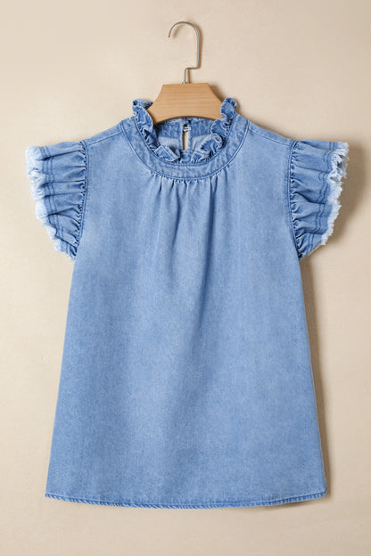 Denim Frilled Collar Flutter Sleeve Top