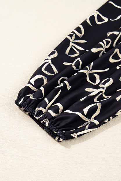 Plus Size Bow Tie Patchwork Long Sleeve Blouse