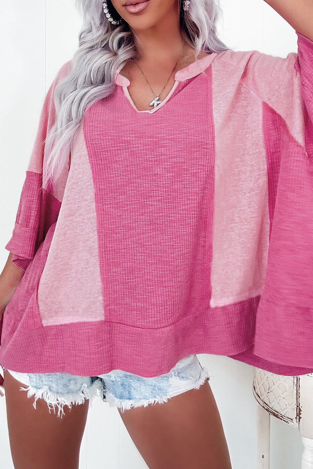 Colorblock Textured 3/4 Sleeve Top