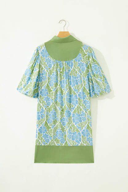 Floral Colorblock Patchwork Collar Mini Dress