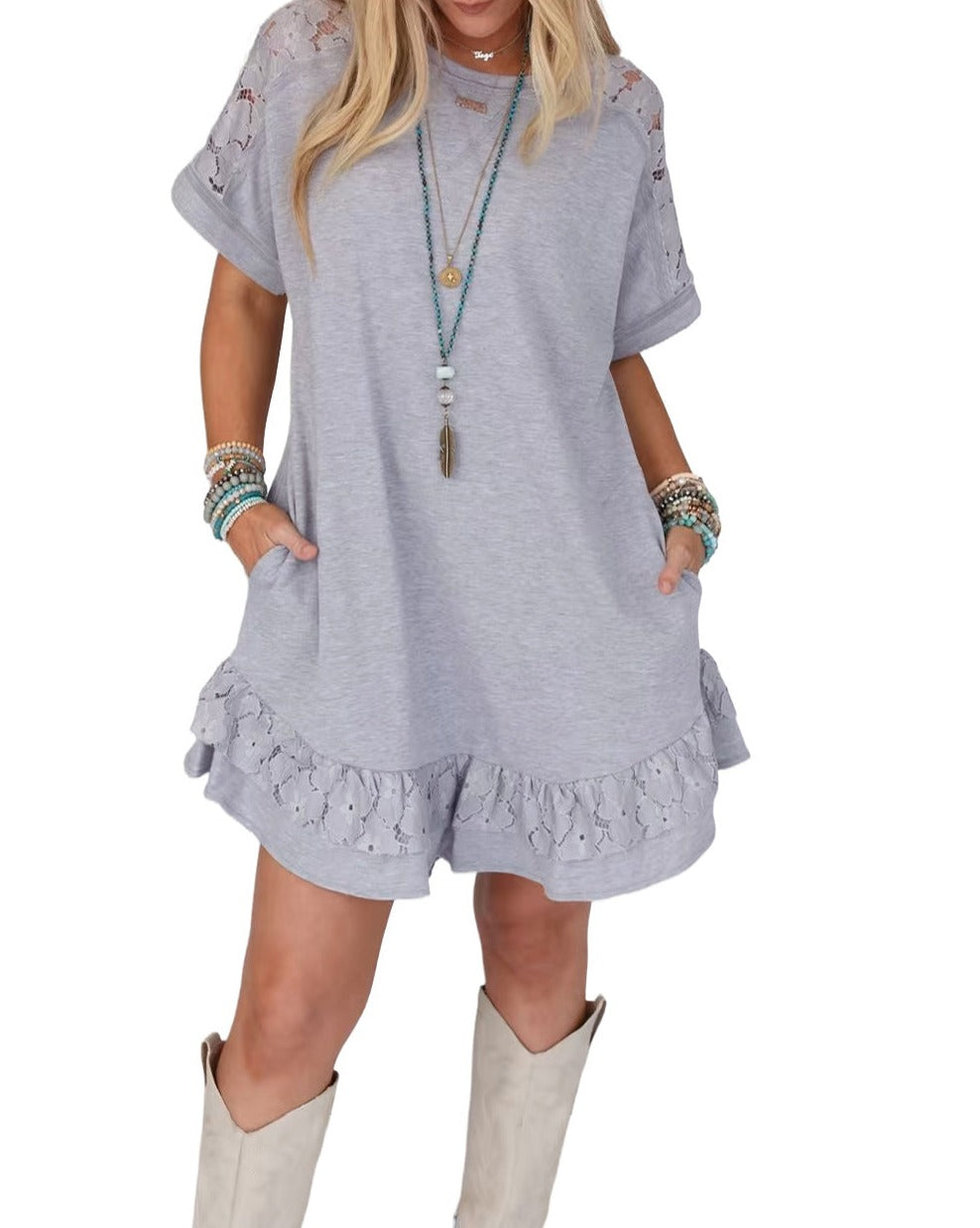 Lace Trim Ruffle T-Shirt Dress