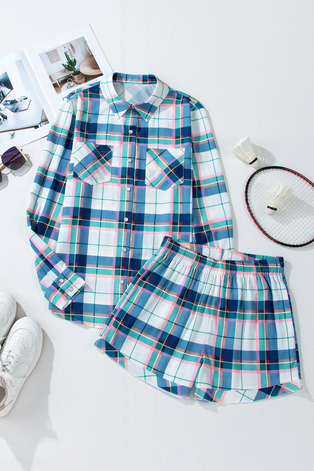 Plaid Shirt and Shorts Lounge Set