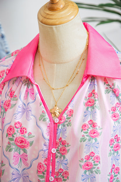 Floral Collared V-Neck Ruffle 3/4 Sleeve Shirt