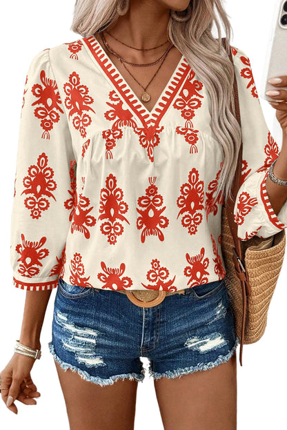 Geometric 3/4 Sleeve V-Neck Blouse