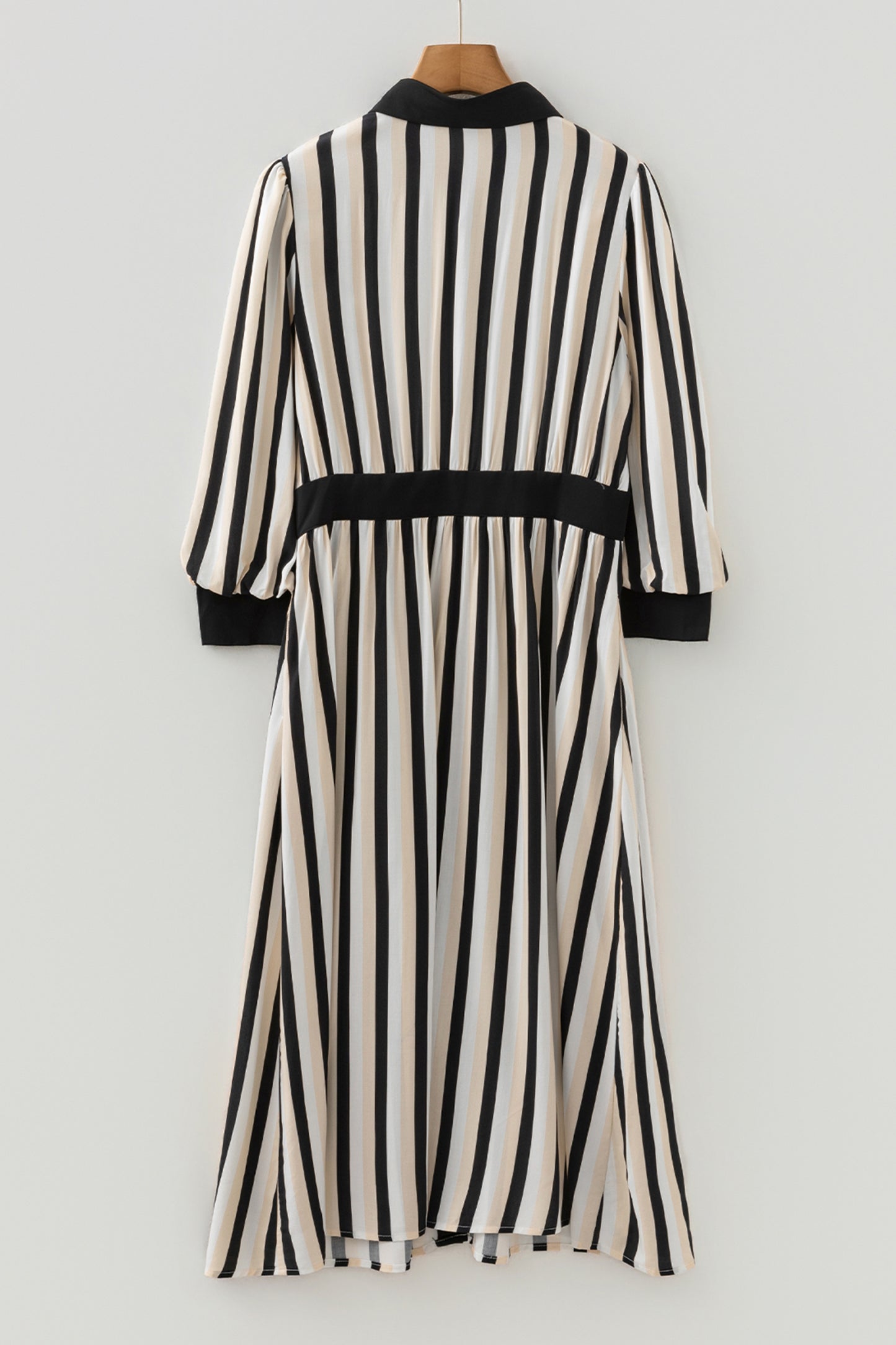 Stripe 3/4 Puff Sleeve Button Midi Dress