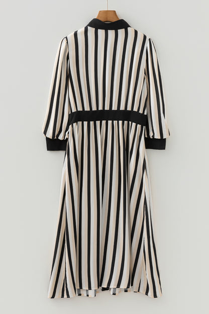 Stripe 3/4 Puff Sleeve Button Midi Dress