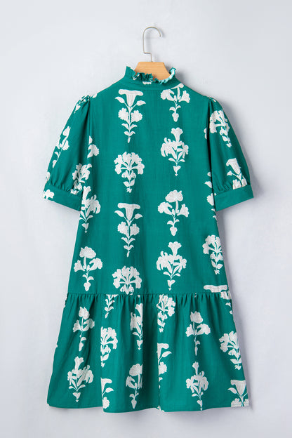 Floral Frilled V-Neck Puff Sleeve Mini Dress