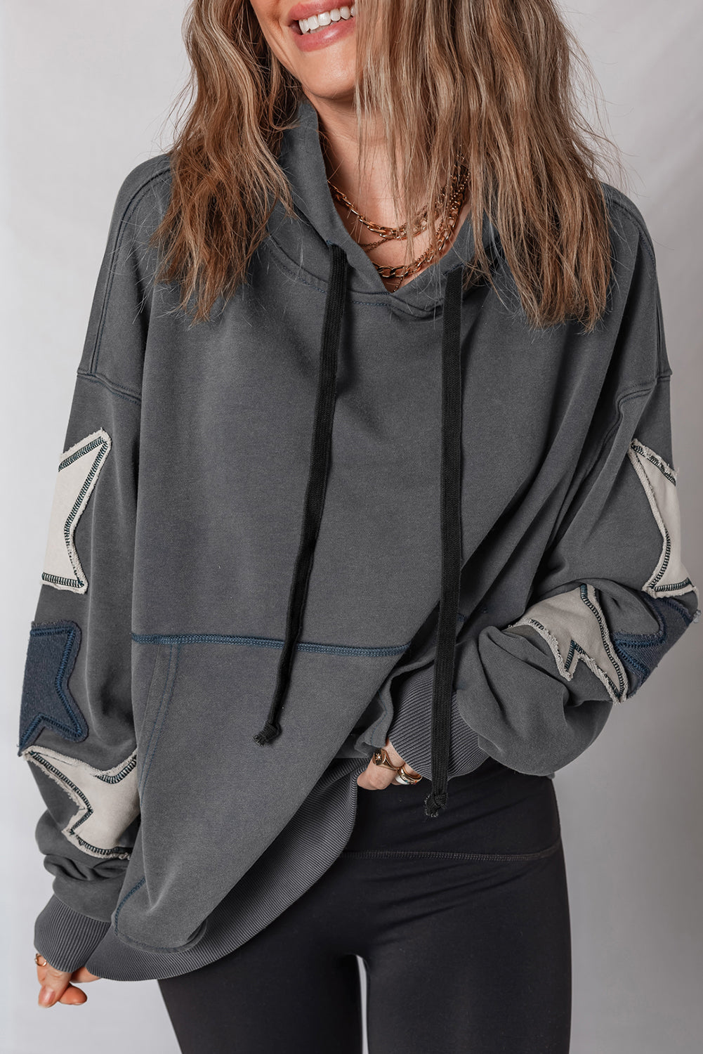 Star Patchwork Mineral Wash Kangaroo Pocket Hoodie