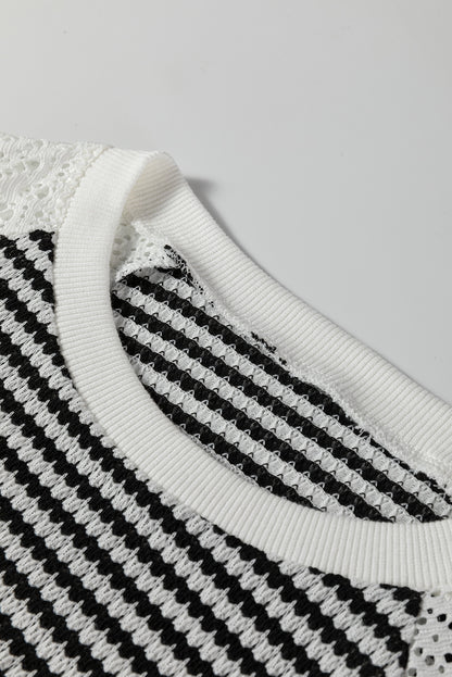 Stripe Textured Knit Lace Patchwork Long Sleeve Top