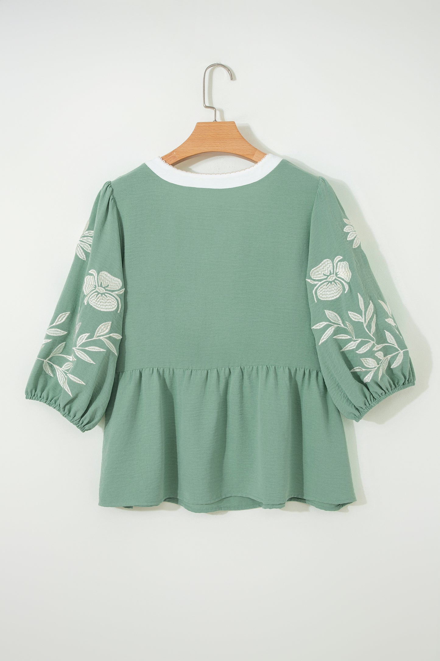 Floral Embroidered V-Neck Puff Sleeve Babydoll Blouse