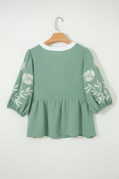 Floral Embroidered V-Neck Puff Sleeve Babydoll Blouse