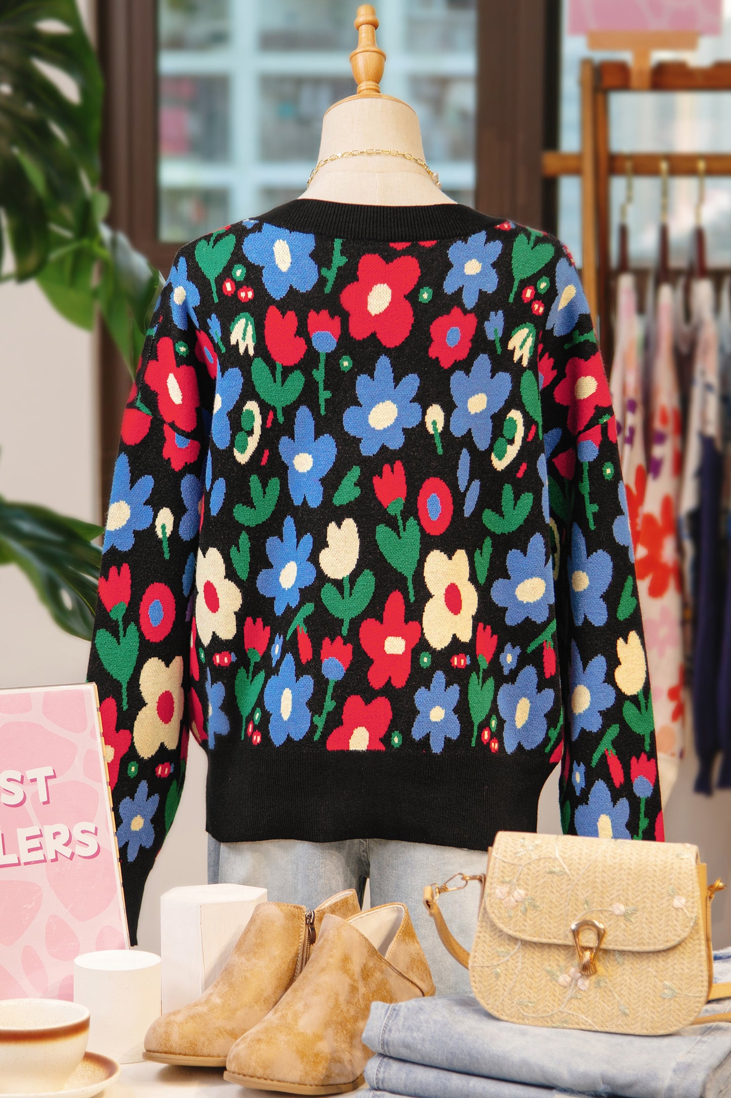 Floral Buttoned V-Neck Cardigan Sweater