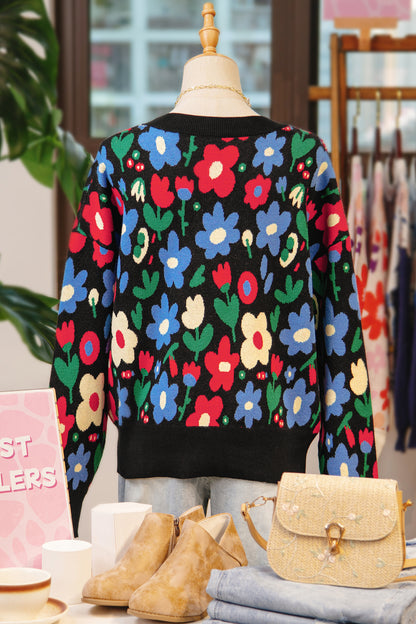 Floral Buttoned V-Neck Cardigan Sweater