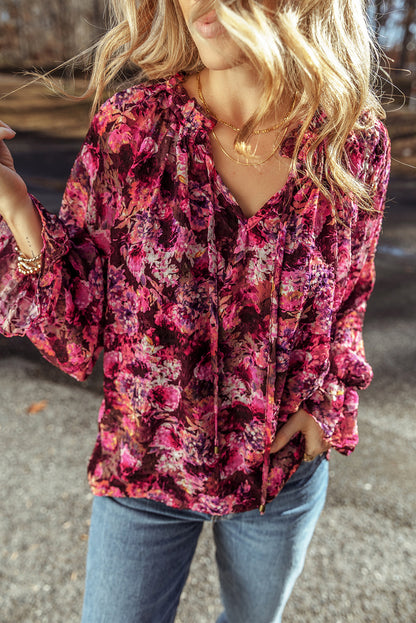 Floral Drawstring Ruffle V-Neck Blouse