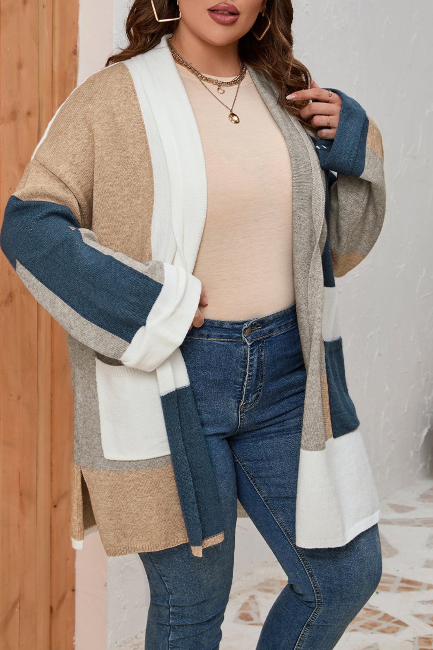 Plus Size Colorblock Open Front Pocketed Cardigan