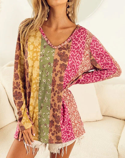 Floral Leopard Patchwork V-Neck Tee