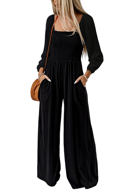 Smocked Long Sleeve Pocketed Jumpsuit