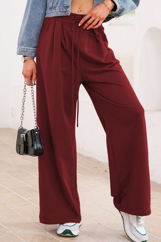 Solid Tied High-Waist Pleated Sweatpants