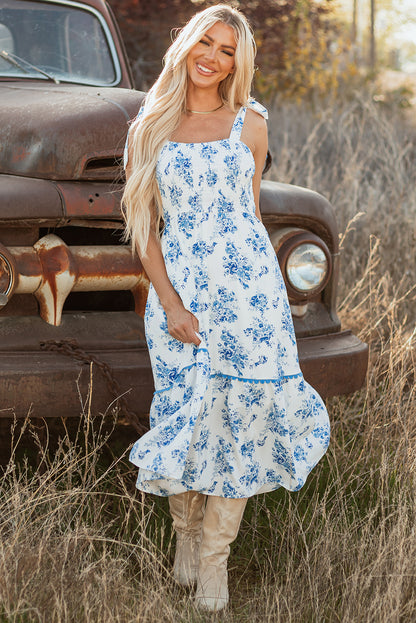 Floral Shirred Bodice Knot Shoulder Maxi Dress