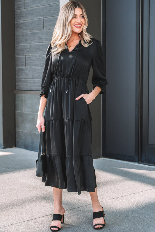 Flounced 3/4 Sleeve Tiered Maxi Dress