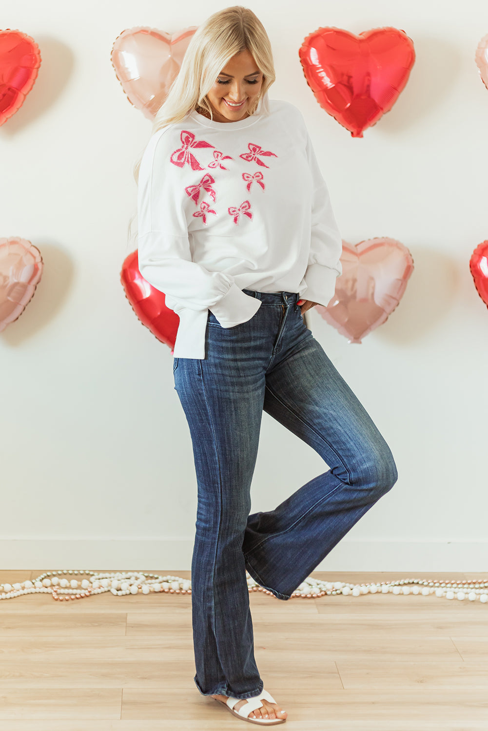 Valentine Bow Sequin Long Sleeve Oversize Sweatshirt