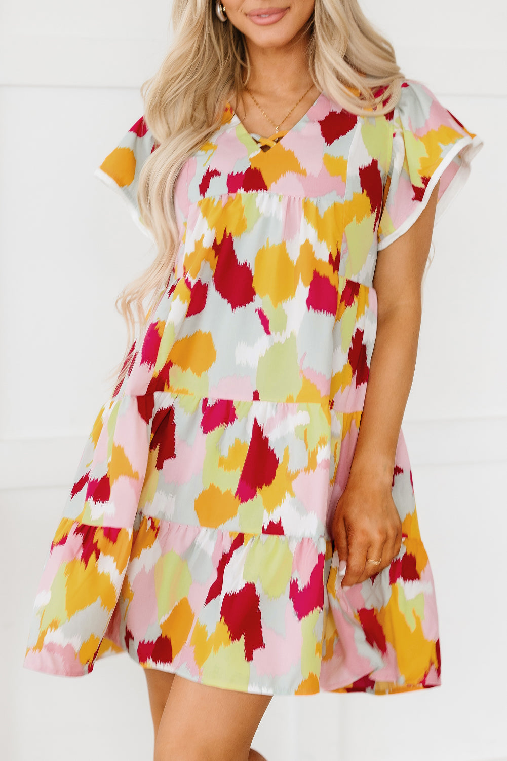 Abstract Flutter Sleeve Tiered Dress