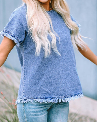 Denim Raw Edge Short Sleeve Top