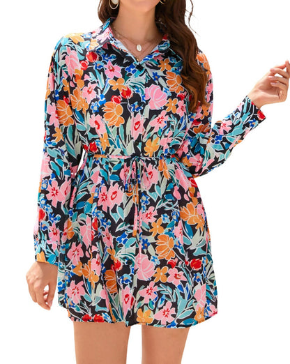 Floral Buttoned Collared Long Sleeve Dress