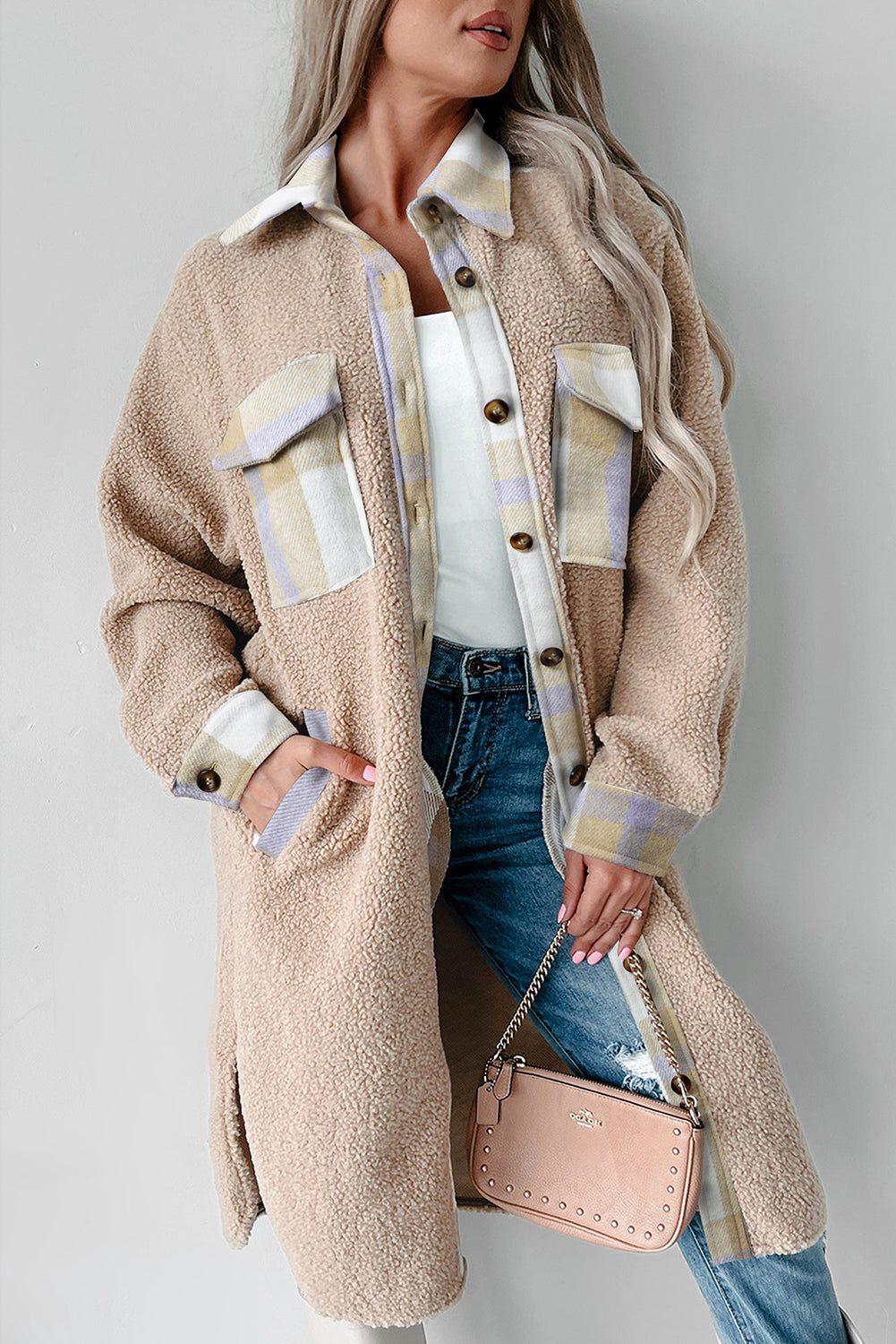 Plaid Patchwork Sherpa Long Coat