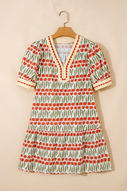 Floral Tulip Stripe Short Puff Sleeve Mini Dress