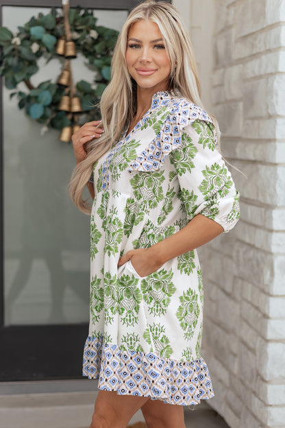 Floral Patchwork Ruffle 3/4 Sleeve Mini Dress