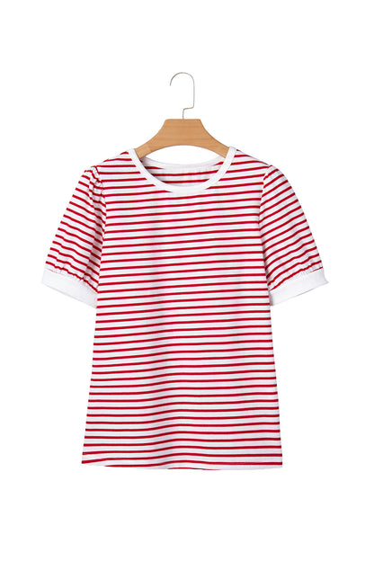Stripe Contrast Trim Round Neck Puff Sleeve T-Shirt