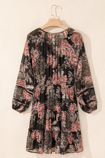 Floral Puff Long Sleeve V-Neck Smocked Waist Dress