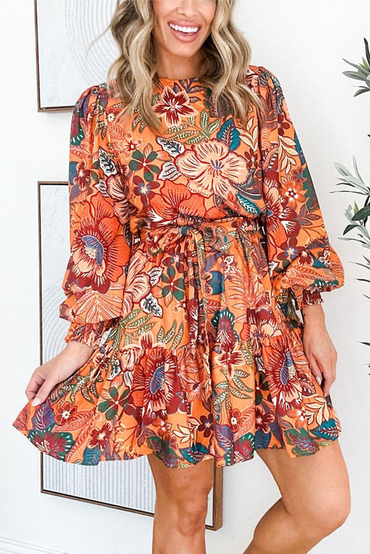 Floral Bubble Sleeve Belted Dress