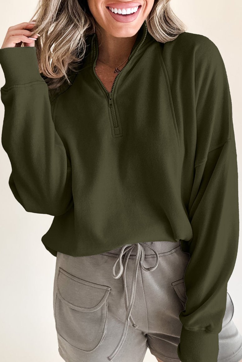 Zipped Neck Drop Shoulder Sweatshirt